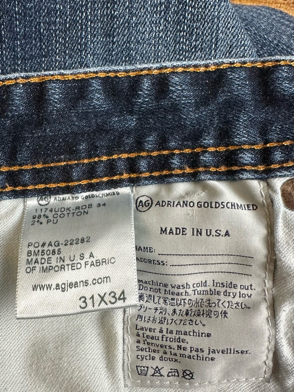 AG Adriano Goldschmied Slim Straight Jeans in Deep Blue with Brown Patch - Picture 7 of 7